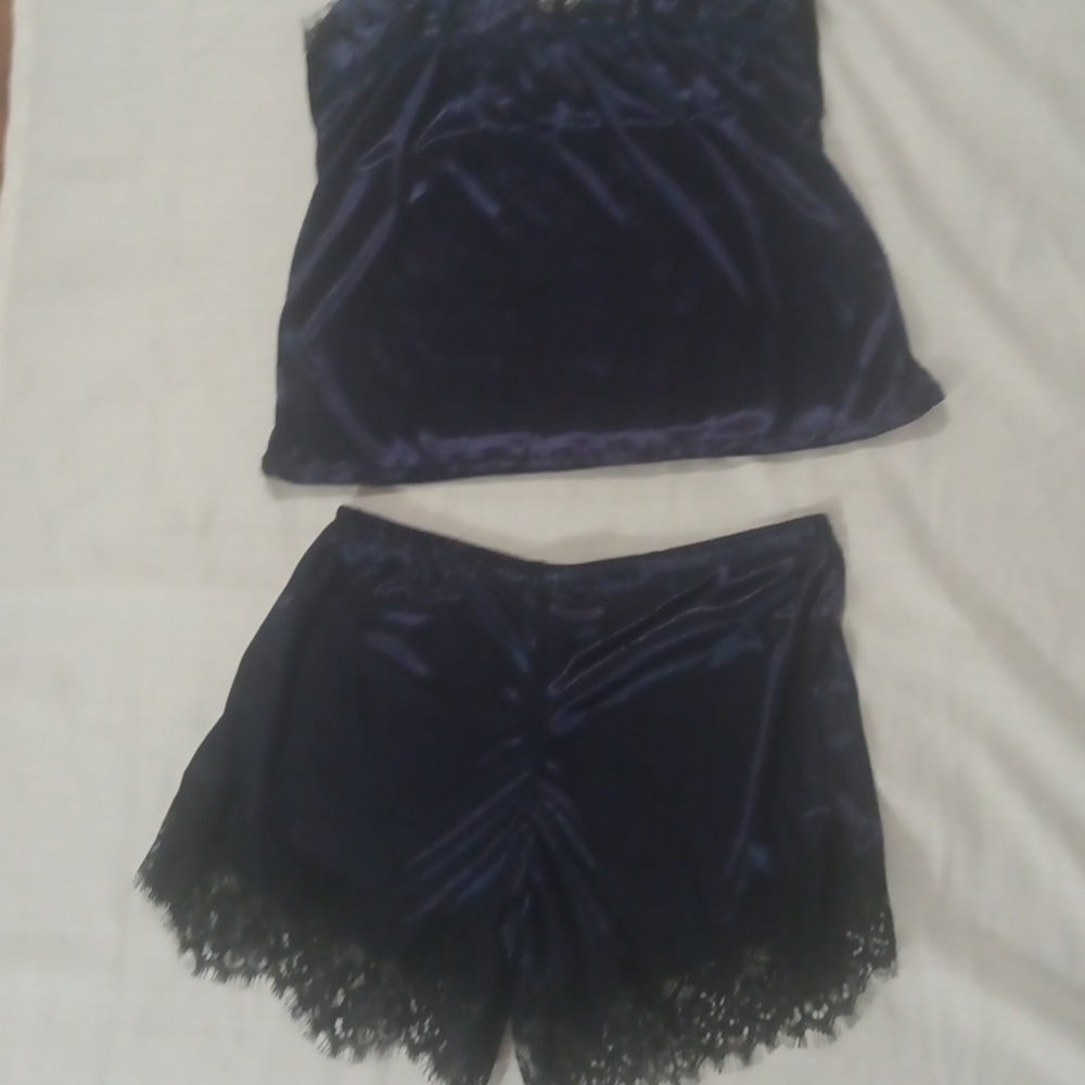 Elegant Navy Blue Lace Trim Sleepwear Set - Picture 6 of 8